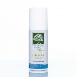 Sycamore BioPharma CBD-infused aloe pain relief roll on lotion. 3 FL OZ, 2000mg.