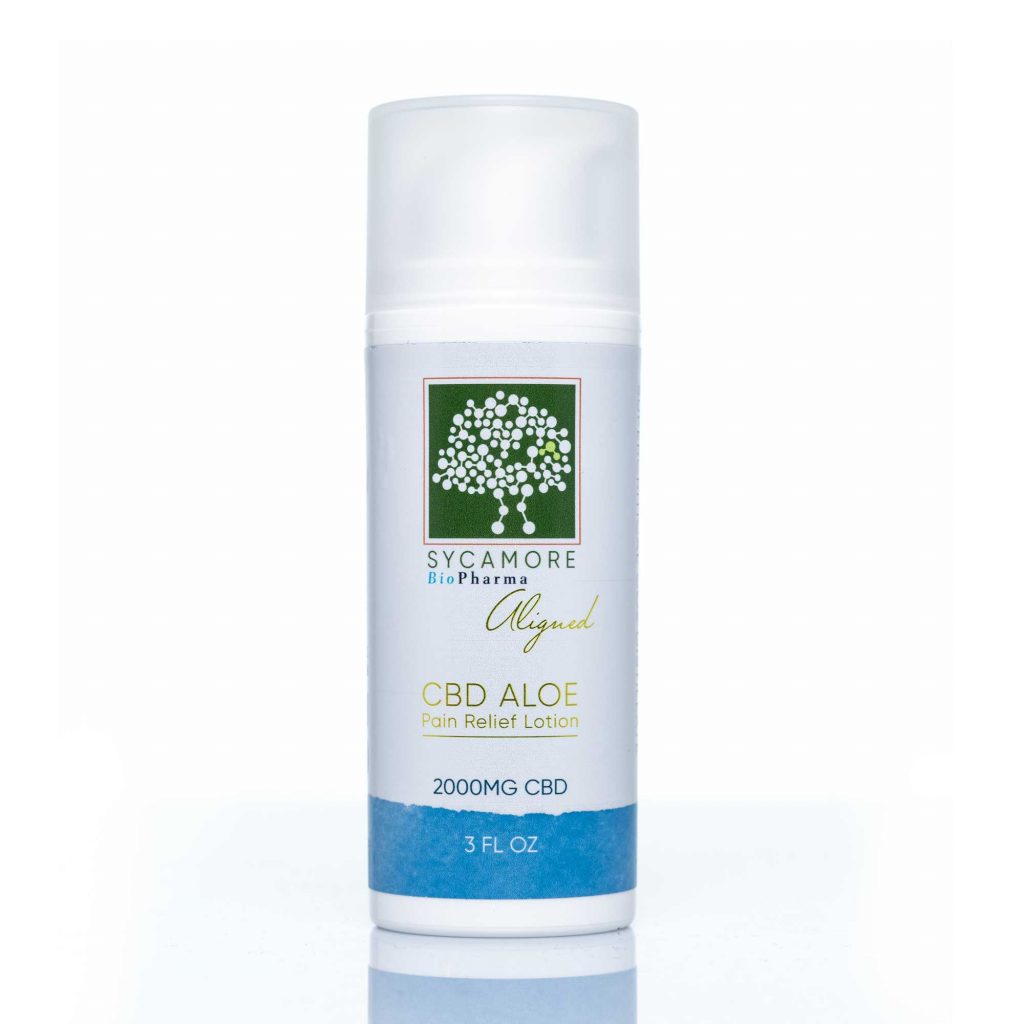 Sycamore BioPharma CBD-infused Aloe pain relief lotion. 3 FL OZ, 2000mg CBD.