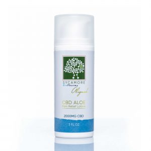 Sycamore BioPharma CBD-infused Aloe pain relief lotion. 3 FL OZ, 2000mg CBD.