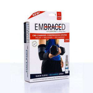 Embraced™ CBD-infused elbow compression sleeve & Recharged™ spray. For pain relief and recovery.