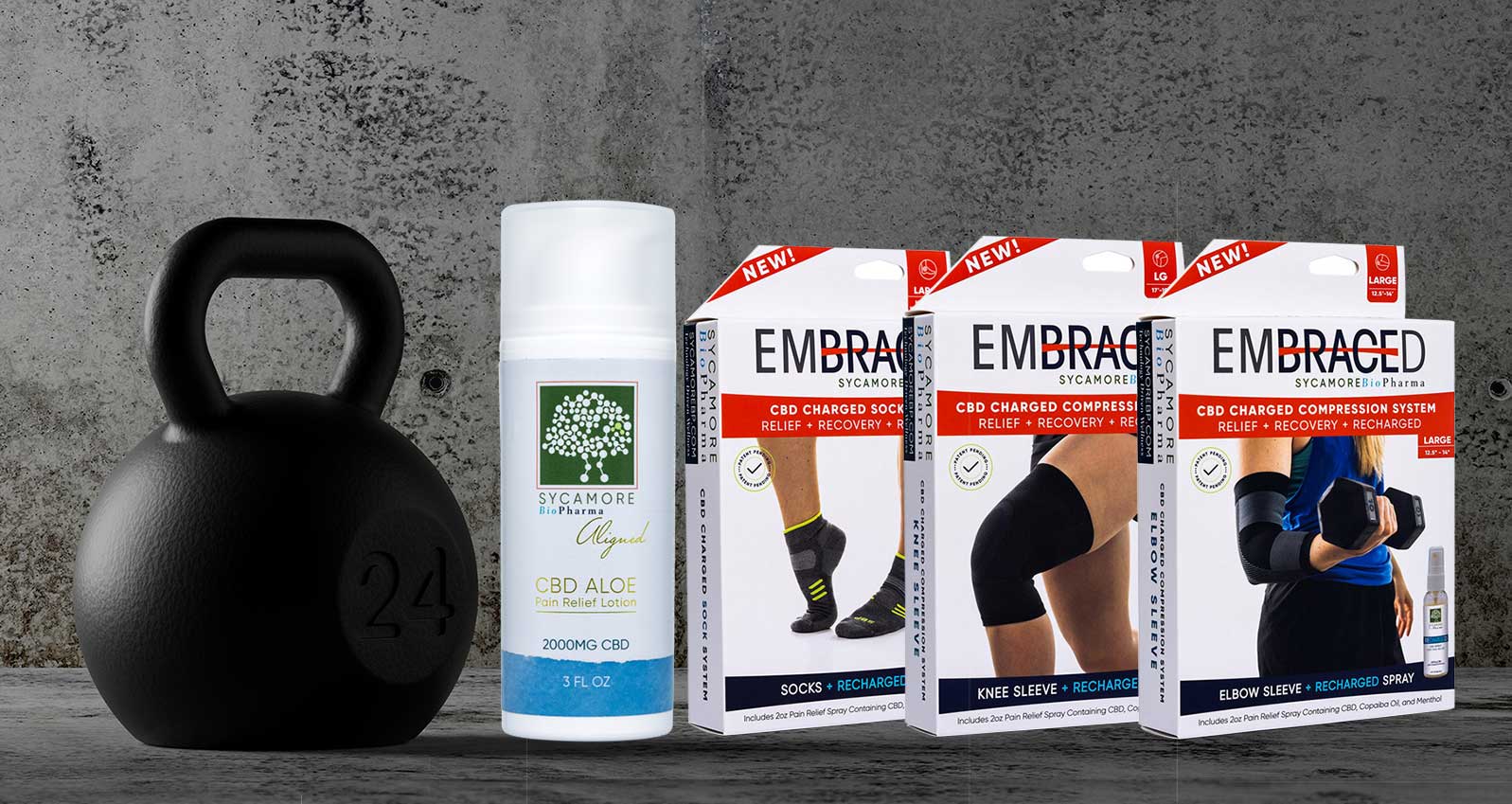 CBD-infused products including XBD-infused lotion and compression sleeves for pain relief.
