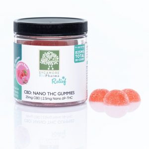 Sycamore BioPharma CBD Delta-9 THC blend edible gummies. 25mg CBD, 2.5mg THC. 30 count. For general relief and pain relief.