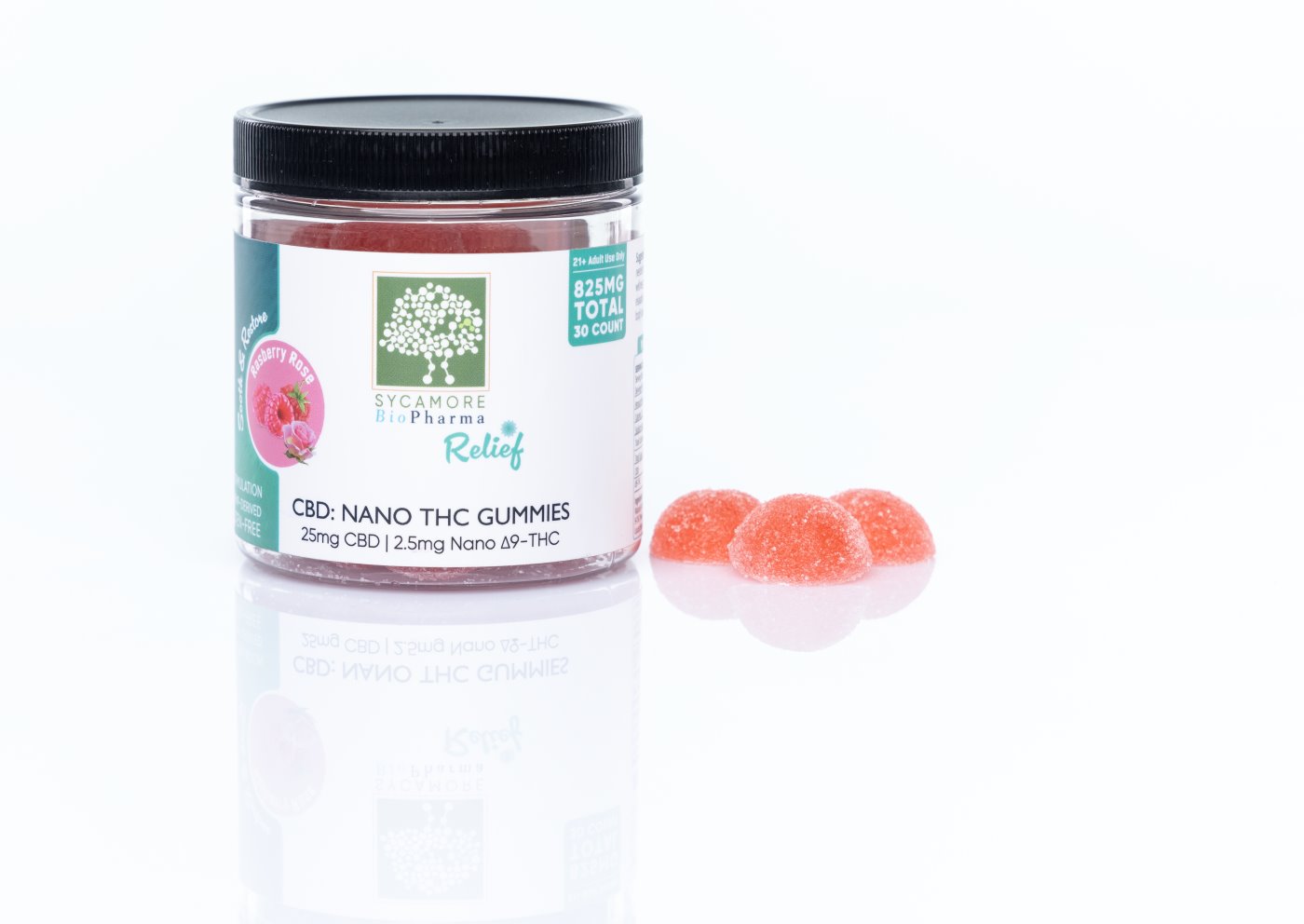 Sycamore BioPharma CBD Delta-9 THC blend edible gummies. 25mg CBD, 2.5mg THC. 30 count. For general relief and pain relief.